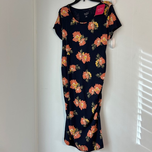 Isabel Maternity by Ingrid & Isabel Dresses & Skirts - Isabel Maternity Navy Floral Side Ruched Scoop Neck T-Shirt Dress XL New